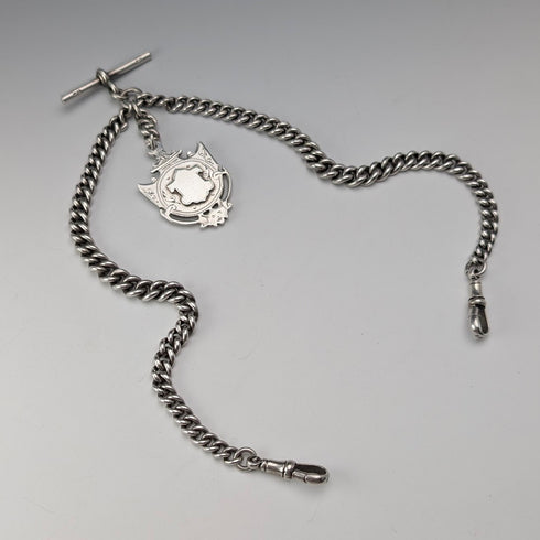 1919年 英國古董 純銀製雙重阿爾伯特鍊 59g 純銀獎章懷錶鏈