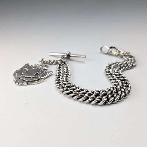 1919年 英國古董 純銀製雙重阿爾伯特鍊 59g 純銀獎章懷錶鏈