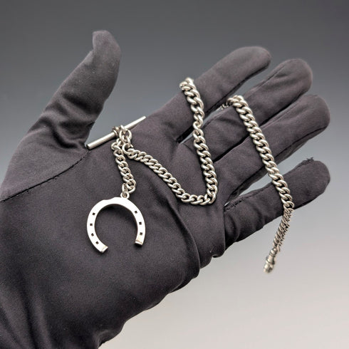 1900年 英国アンティーク 純銀製アルバートチェーン 36g  純銀馬蹄フォブ