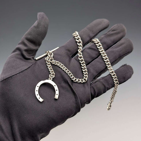 1900年 英国アンティーク 純銀製アルバートチェーン 36g 純銀馬蹄フォブ