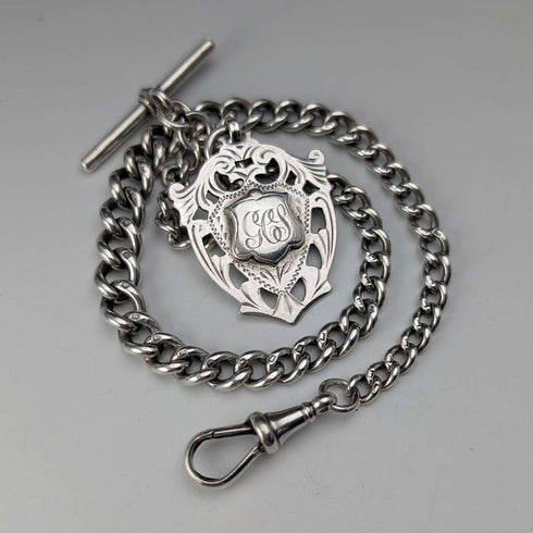 1912年 英国アンティーク 純銀製アルバートチェーン 32g 純銀メダルフォブ