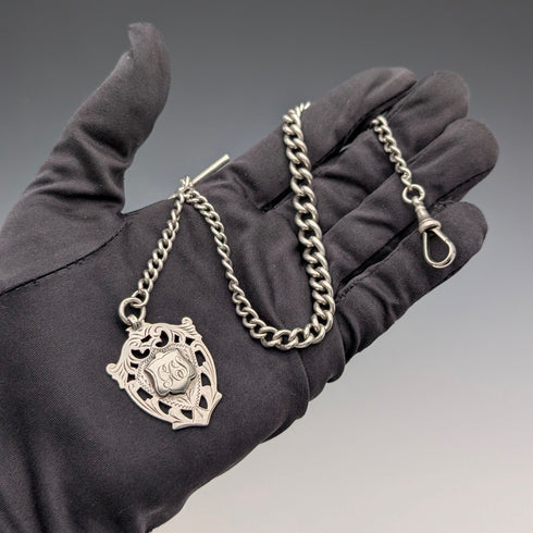 1912年 英國古董 純銀製阿爾伯特鍊 32g 純銀獎章懷錶鏈