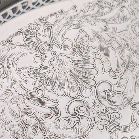 ヴィンテージ シルバープレート製 丸型 小型ギャラリートレイ 直径30cm Primrose E.P. Brass