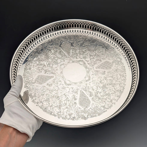 ヴィンテージ シルバープレート製 丸型 小型ギャラリートレイ 直径30cm Primrose E.P. Brass