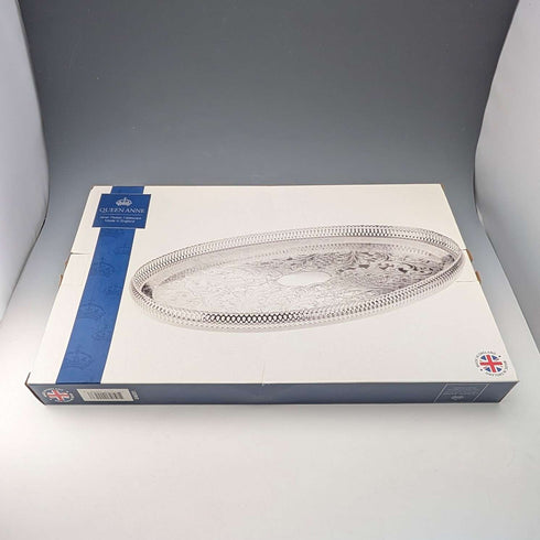 Antique British Silverplate Oval Large Gallery Tray, 39cm Wide, Queen Anne Period, Unused.