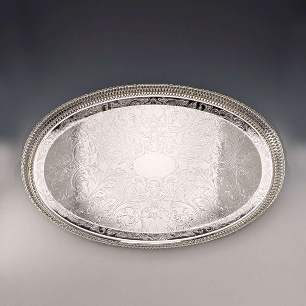 英國復古 銀鍍層 橢圓形 大型畫廊托盤 寬39cm Queen Anne 未使用品
