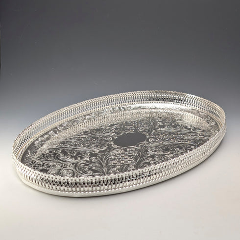Antique British Silverplate Oval Large Gallery Tray, 39cm Wide, Queen Anne Period, Unused.