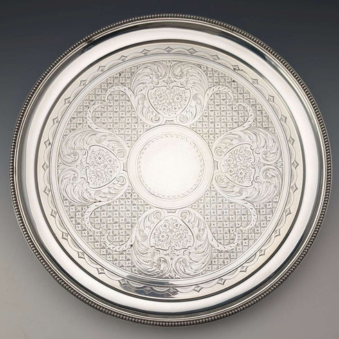 1890年 英國古董 純銀製 腳座托盤 卡片托盤直徑26cm 517g Elkington