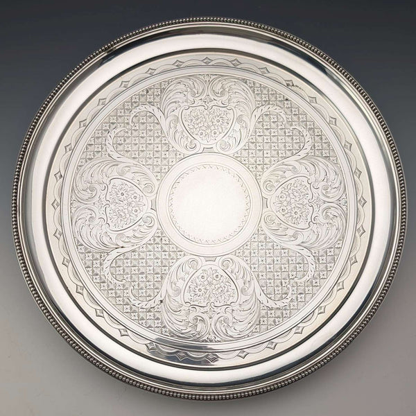 1890年 英國古董 純銀製 腳座托盤 卡片托盤直徑26cm 517g Elkington