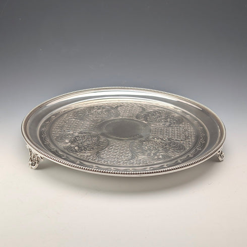 1890s Antique British Sterling Silver Footed Salver/Card Tray, 26cm Diameter, 517g, Elkington