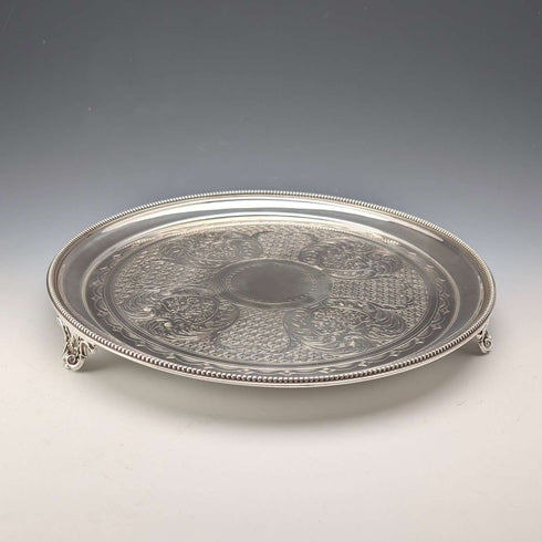 1890年 英國古董 純銀製 腳座托盤 卡片托盤直徑26cm 517g Elkington