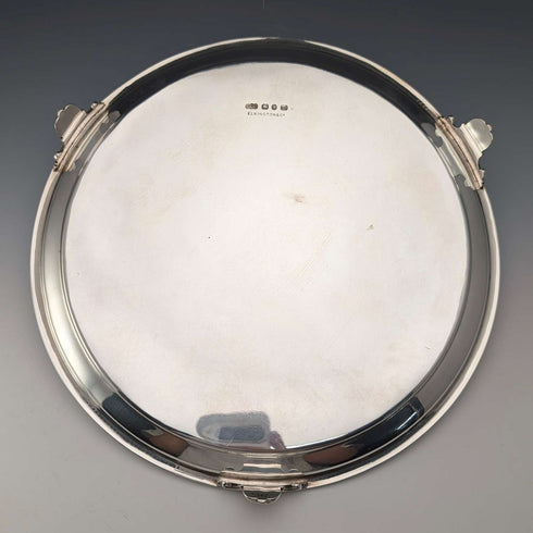 1890年 英國古董 純銀製 腳座托盤 卡片托盤直徑26cm 517g Elkington