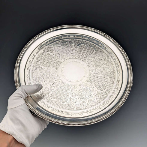 1890年 英國古董 純銀製 腳座托盤 卡片托盤直徑26cm 517g Elkington