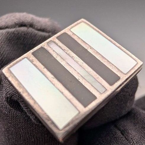ヴィンテージ 純銀製 白蝶貝&オニキス ストライプデザイン カフリンクス カフスボタン