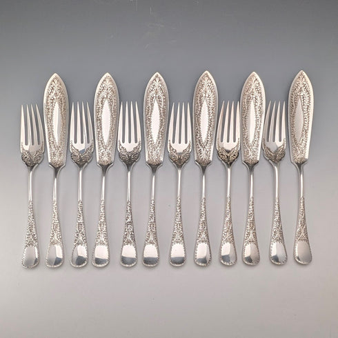 Pair of 6 antique silver-plated fish cutlery sets, circa 1900, Allen & Darwin, England.