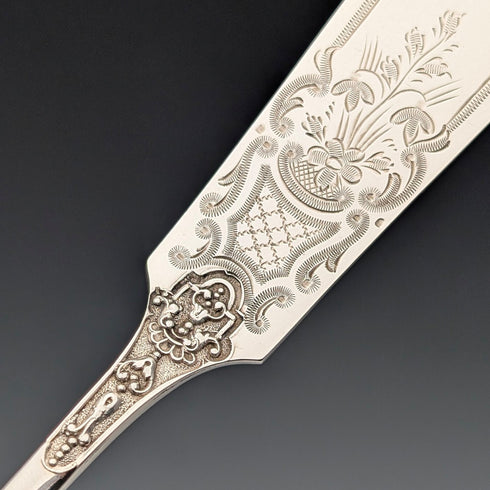 Antique English Silver Plate Fish Cutlery, 6 pairs, circa 1905, James Dixon & Sons, in a wooden box.