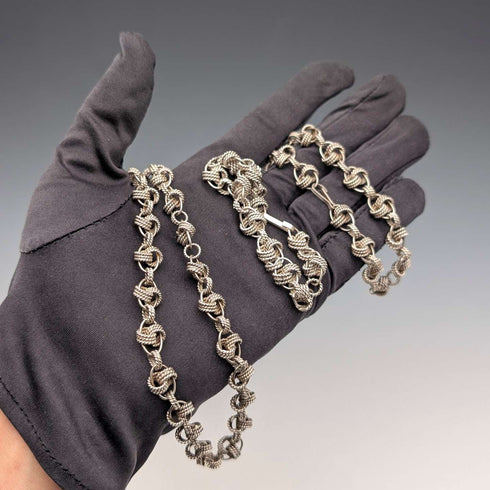 Vintage 800 Sterling Silver Knot Chain Necklace & Bracelet, Total 63g