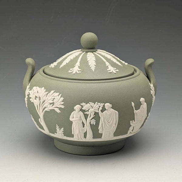 Vintage British Wedgwood Green Jasperware Sugar Bowl with Lid