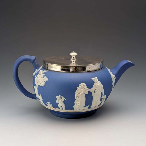 Antique British Wedgwood Teapot, Jasperware, Royal Blue, Metal Lid
