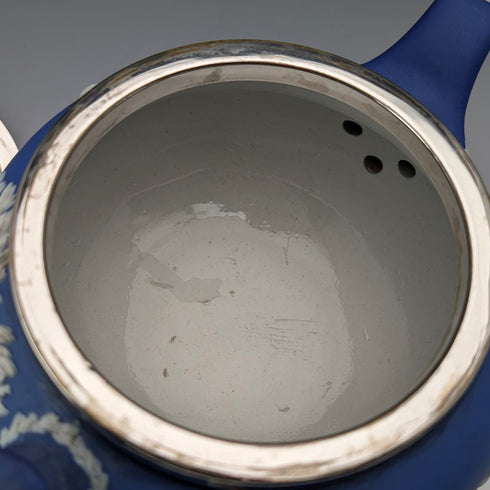 英国アンティーク ウェッジウッド ティーポット ジャスパーウェア ロイヤルブルー 金属蓋