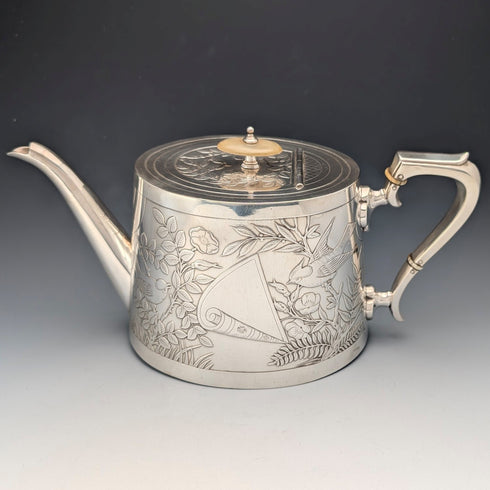 19世紀後半 英国アンティーク シルバープレート製 ジャポニズム装飾 ティーポット Johnson&Co