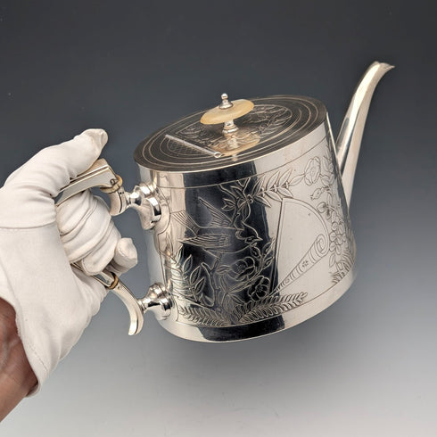 19世紀後半 英国アンティーク シルバープレート製 ジャポニズム装飾 ティーポット Johnson&Co