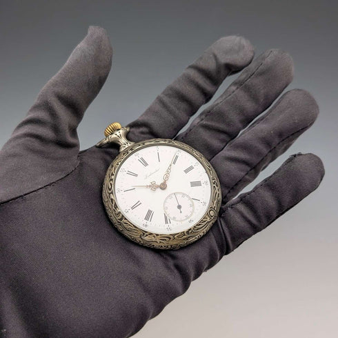 19th century antique LABRADOR (Omega) pocket watch with relief engraving, open face, in good working condition