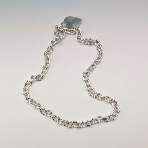British Vintage Sterling Silver Donut Chain Necklace with Heart Charm, 45cm, 60g
