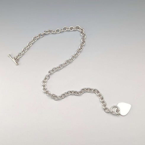 British Vintage Sterling Silver Donut Chain Necklace with Heart Charm, 45cm, 60g