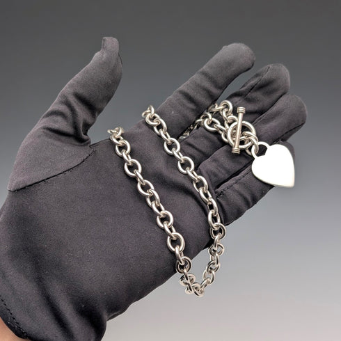 英國復古純銀甜甜圈鏈項鍊,搭配心形吊墜,45厘米,60克