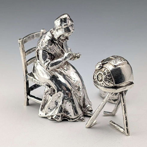 British Vintage Sterling Silver Miniature Figurines: Old Woman Knitting Lace and Cat, Total 132g, RKH