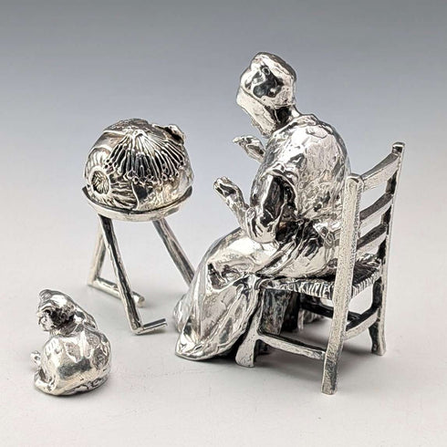 British Vintage Sterling Silver Miniature Figurines: Old Woman Knitting Lace and Cat, Total 132g, RKH