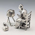 British Vintage Sterling Silver Miniature Figurines: Old Woman Knitting Lace and Cat, Total 132g, RKH
