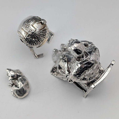 British Vintage Sterling Silver Miniature Figurines: Old Woman Knitting Lace and Cat, Total 132g, RKH