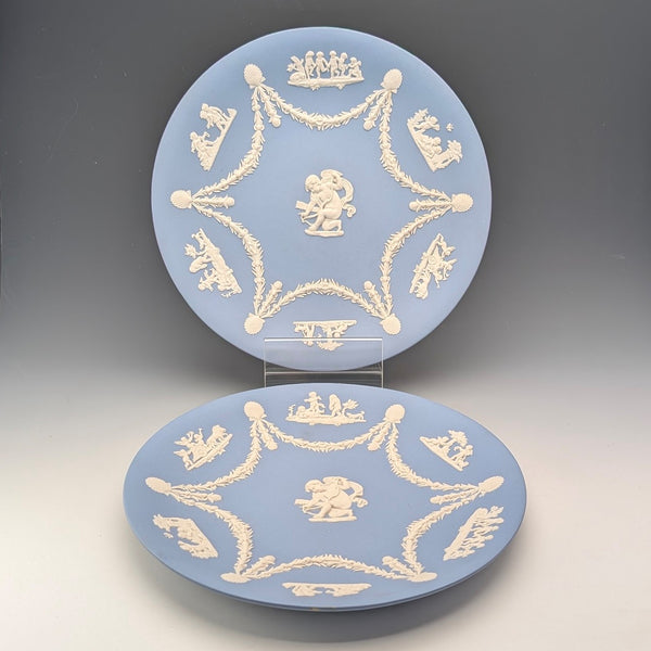 英国ヴィンテージ ウェッジウッド 天使 ジャスパーウェア製 プレートペア 直径22cm ペールブルー②