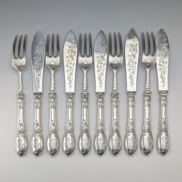 Late 19th Century French Antique Solid Sterling Silver Cutlery Set, 6 Pairs, Total 833g, Odiot