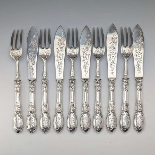 Late 19th Century French Antique Solid Sterling Silver Cutlery Set, 6 Pairs, Total 833g, Odiot