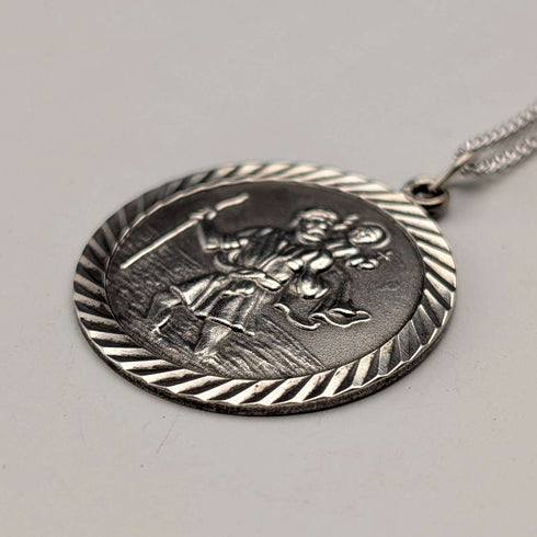 Vintage Saint Christopher Sterling Silver Medal Pendant ① with Sterling Silver Necklace, Total 7.4g
