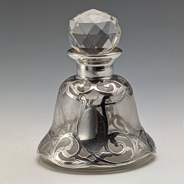 Antique American Art Nouveau Silver Overlay Glass Miniature Perfume Bottle