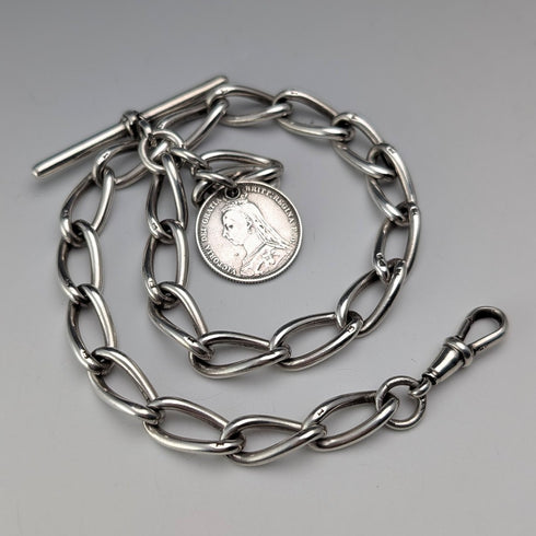1929 British Vintage Sterling Silver Albert Chain, 42g, British Sixpence Coin Fob