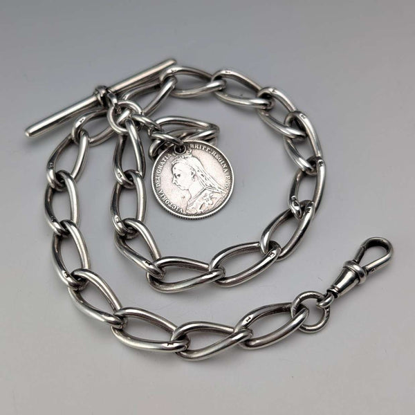 1929 British Vintage Sterling Silver Albert Chain, 42g, British Sixpence Coin Fob