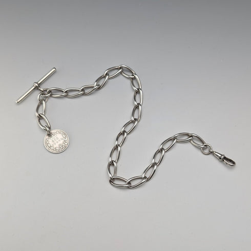 1929 British Vintage Sterling Silver Albert Chain, 42g, British Sixpence Coin Fob