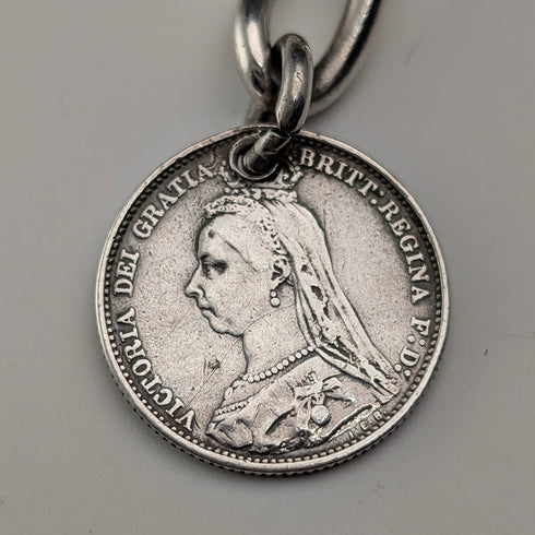 1929 British Vintage Sterling Silver Albert Chain, 42g, British Sixpence Coin Fob