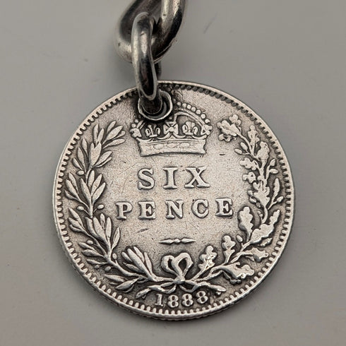 1929 British Vintage Sterling Silver Albert Chain, 42g, British Sixpence Coin Fob