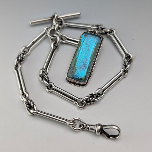 1889 British Antique Fancy Link Sterling Silver Albert Chain, 45g, Morpho Decorated Fob