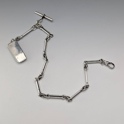 1889 British Antique Fancy Link Sterling Silver Albert Chain, 45g, Morpho Decorated Fob