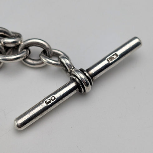 1889 British Antique Fancy Link Sterling Silver Albert Chain, 45g, Morpho Decorated Fob