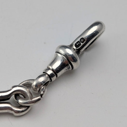 1889 British Antique Fancy Link Sterling Silver Albert Chain, 45g, Morpho Decorated Fob