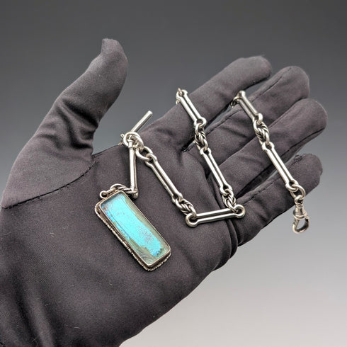 1889 British Antique Fancy Link Sterling Silver Albert Chain, 45g, Morpho Decorated Fob