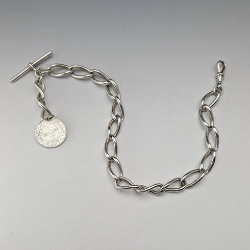 1911 British Antique Sterling Silver Albert Chain, 59g, South African 1 Shilling Coin Fob